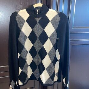 100% Cashmere Zipper Front Argyle Cardigan black/white/gray
